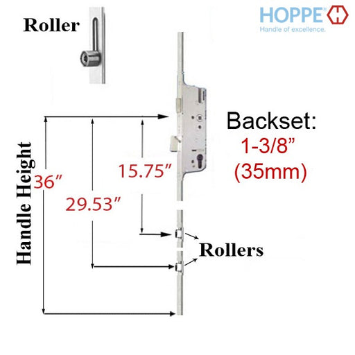 Hoppe Multipoint Lock 16MM Manual 4 Roller Gear, 35/92, Rollers @15.75 & 29.53", 1" D/B-Countryside Locks